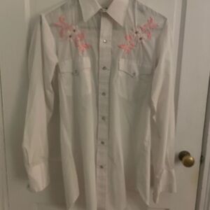 Men's White Western Shirt with Pearl Snap Buttons and Pink Floral Embroidery